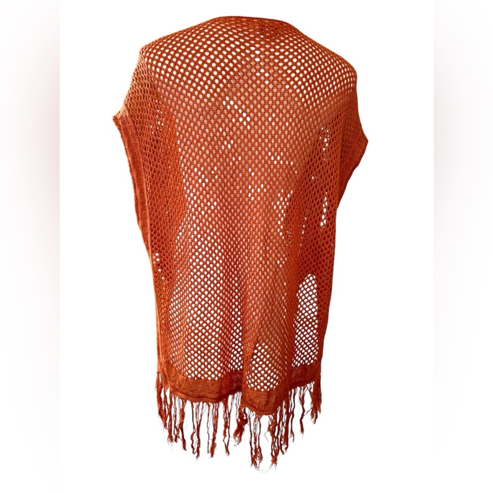 Boho Women’s Crocheted Poncho Swim Cover Up Fringe Hem Pumpkin Spice Rust - Picture 2 of 11
